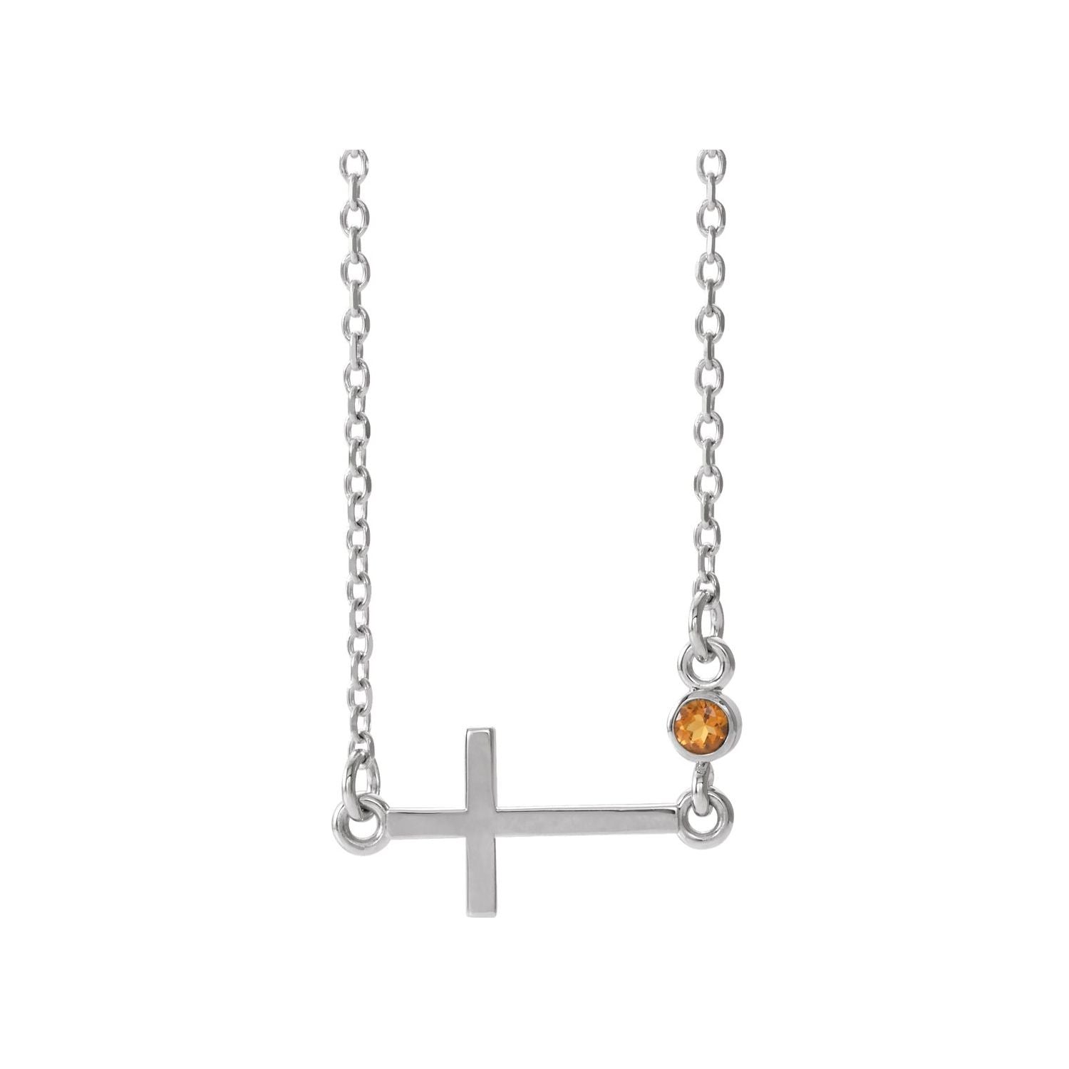 14K White Gold sideways cross necklace with a bezel-set citrine station