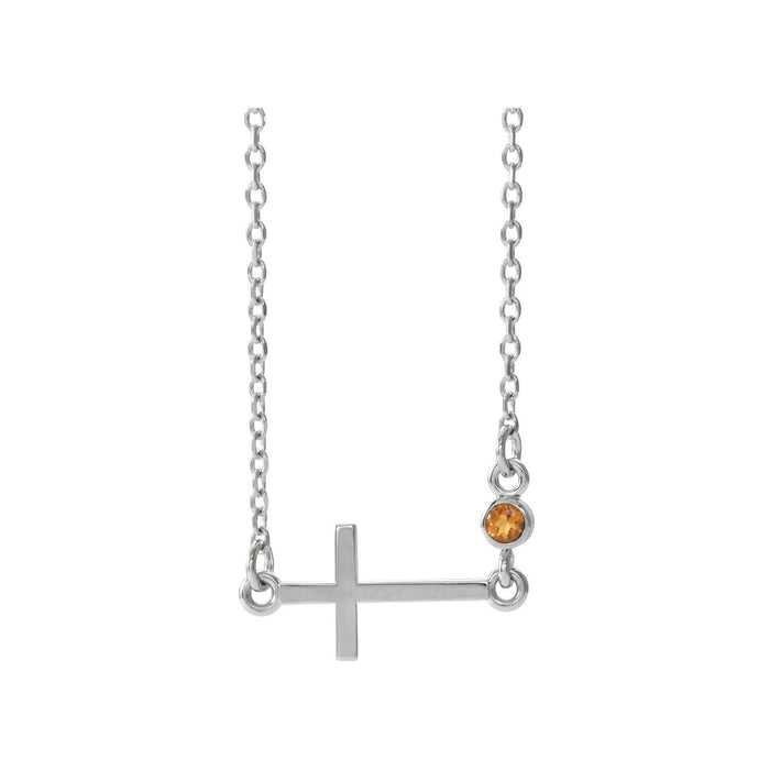 14K White Gold sideways cross necklace with a bezel-set citrine station