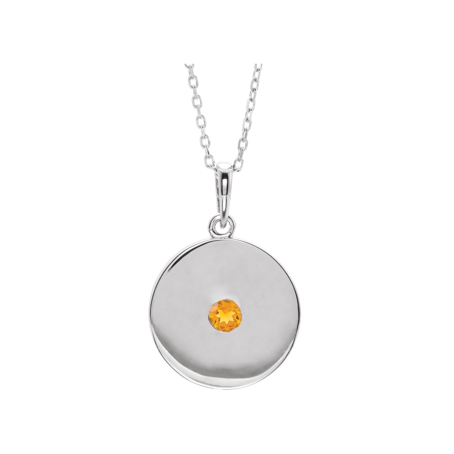 14K White Gold citrine disc pendant necklace on a fine cable chain