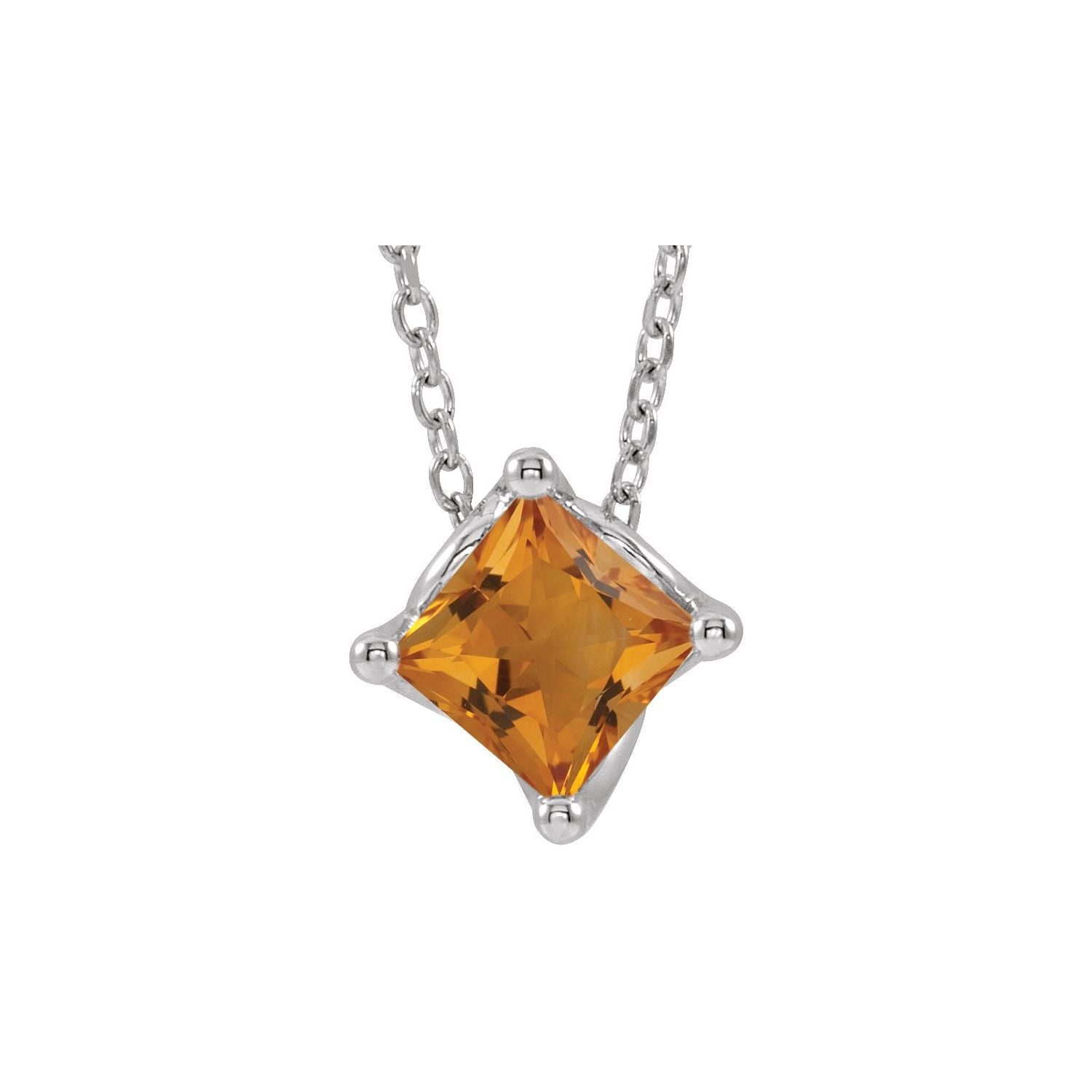 14K White Gold square citrine solitaire pendant necklace