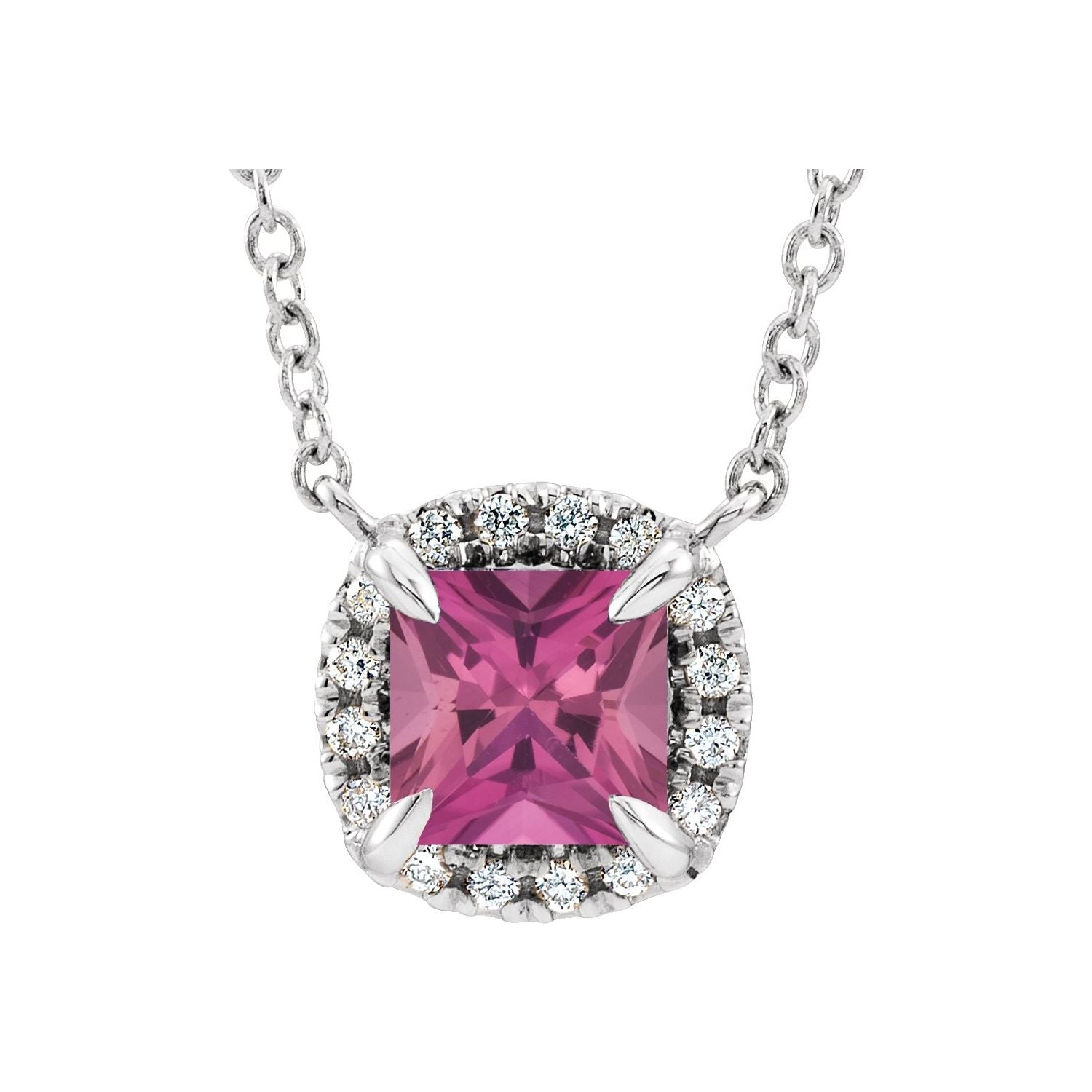 Square Pink Tourmaline and Diamond Halo Necklace in 14K White Gold on a 16 or 18 inch gold cable chain