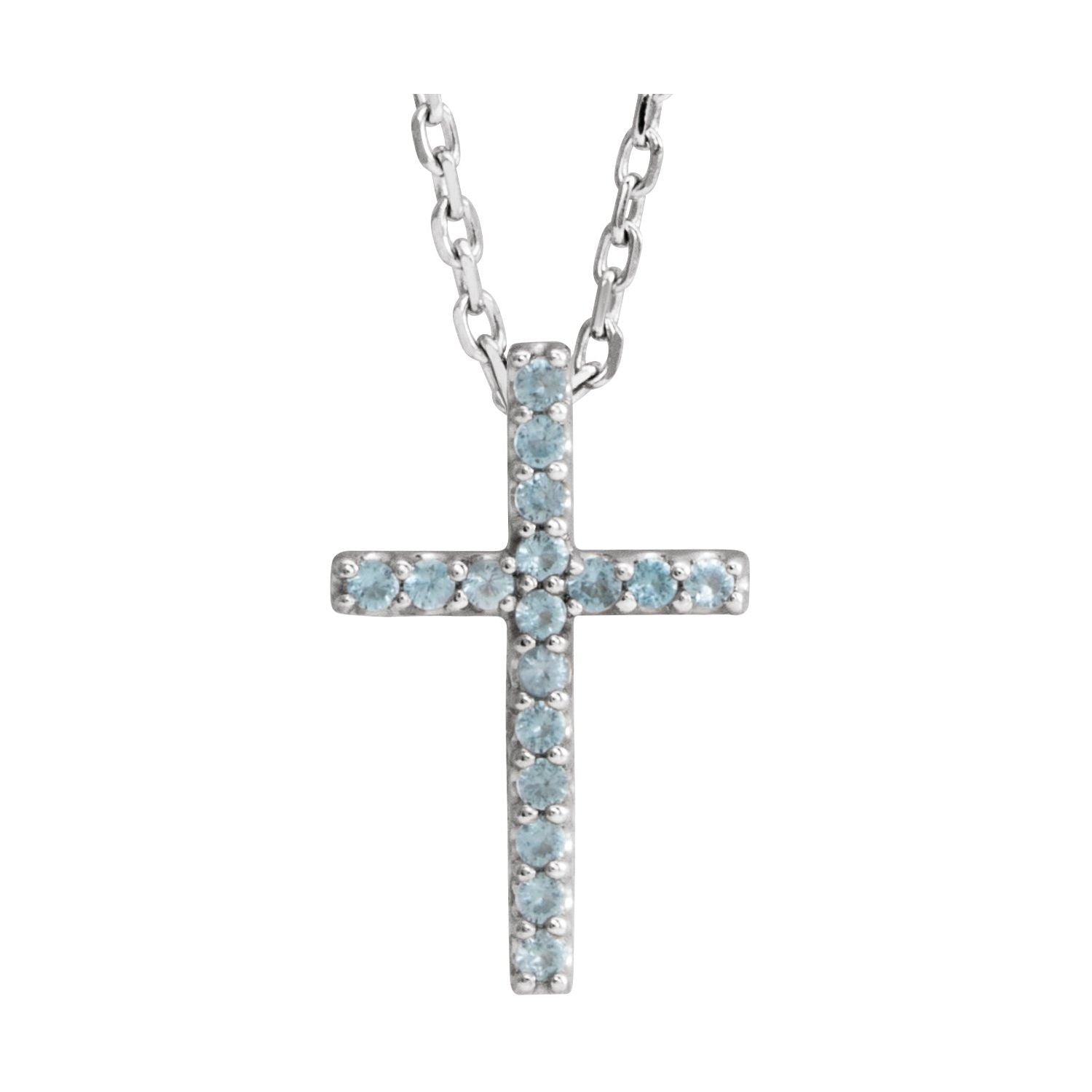 14K White Gold swiss blue topaz cross necklace on a 1 mm cable chain