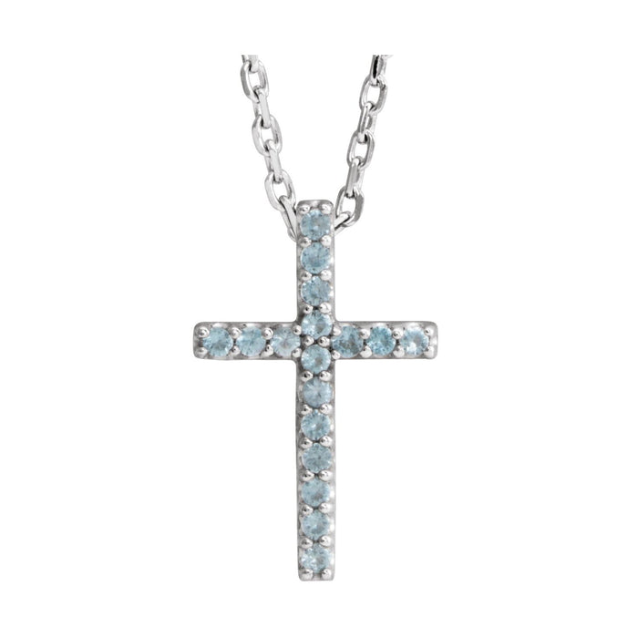 14K White Gold swiss blue topaz cross necklace on a 1 mm cable chain