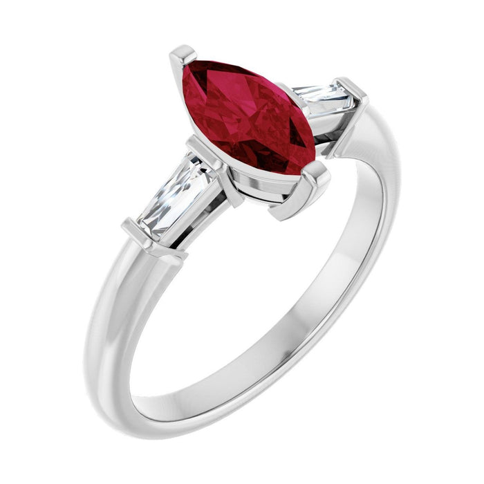 Marquise 1 ct Tapered Baguette Three-Stone Lab Grown Ruby Engagement Ring in 14K White Gold
