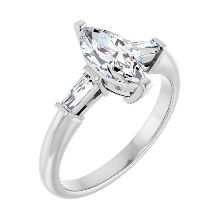 Marquise 1 ct Tapered Baguette Three-Stone Moissanite Engagement Ring in 14K White Gold