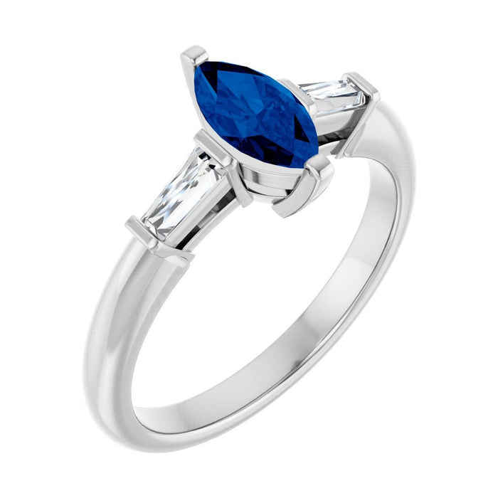 Marquise 1 ct Tapered Baguette Three-Stone Natural Blue Sapphire Engagement Ring in 14K White Gold
