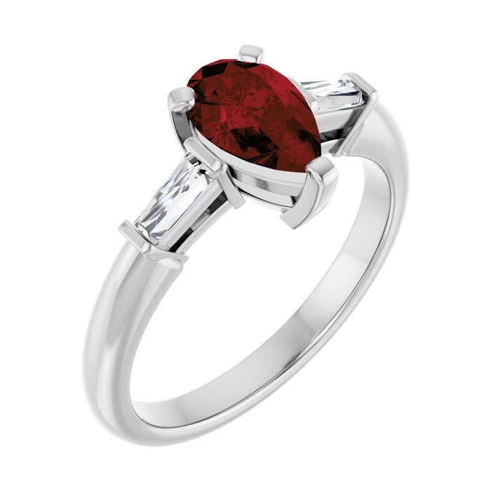 Pear 1 ct Tapered Baguette Three-Stone Natural Garnet Engagement Ring in 14K White Gold