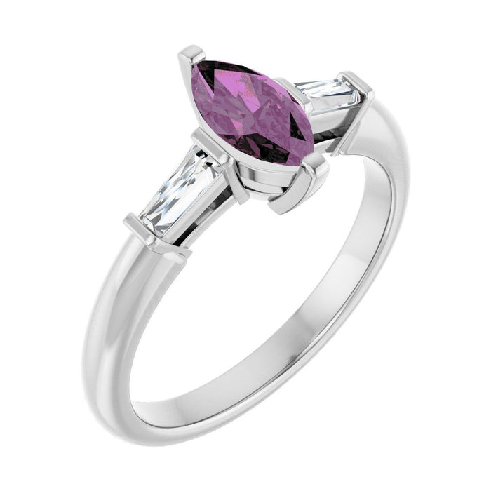 Marquise 1 ct Tapered Baguette Three-Stone Natural Pink Sapphire Engagement Ring in 14K White Gold