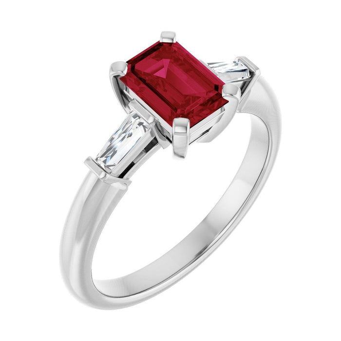 Emerald 1 ct Tapered Baguette Three-Stone Natural Ruby Engagement Ring in 14K White Gold