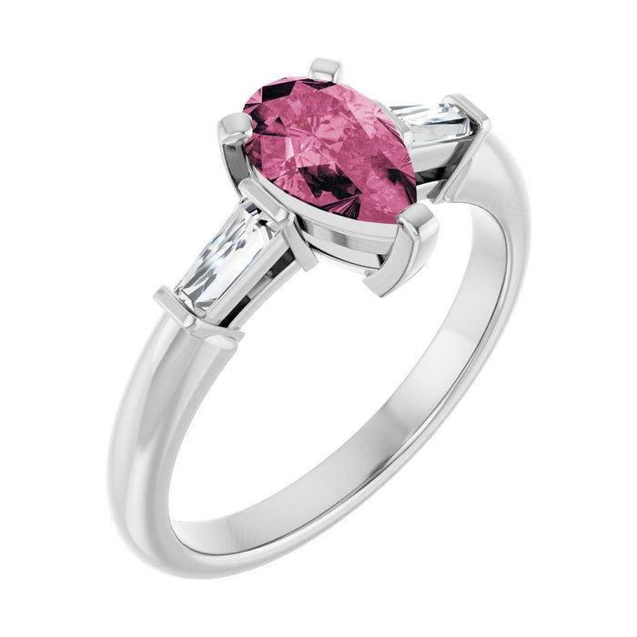 Pear 1 ct Tapered Baguette Three-Stone Natural Tourmaline Engagement Ring in 14K White Gold