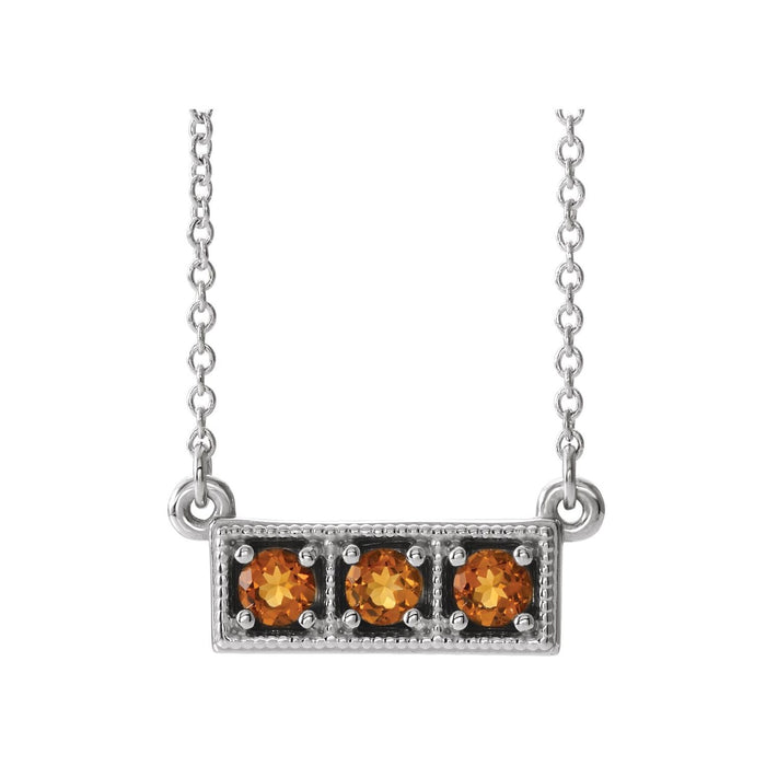 14K White Gold three-stone citrine bar necklace with a milgrain frame