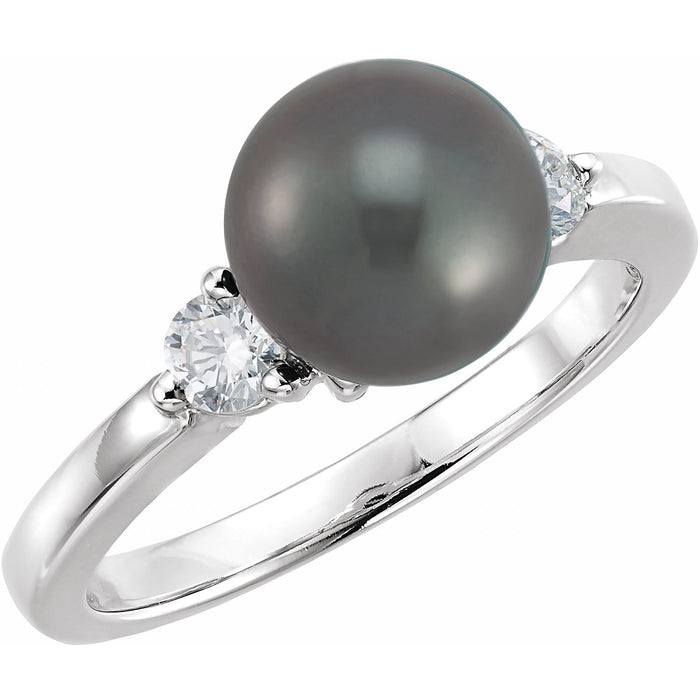 Three-Stone Black Akoya Pearl Engagement Ring (8mm pearl) in 14K White Gold
