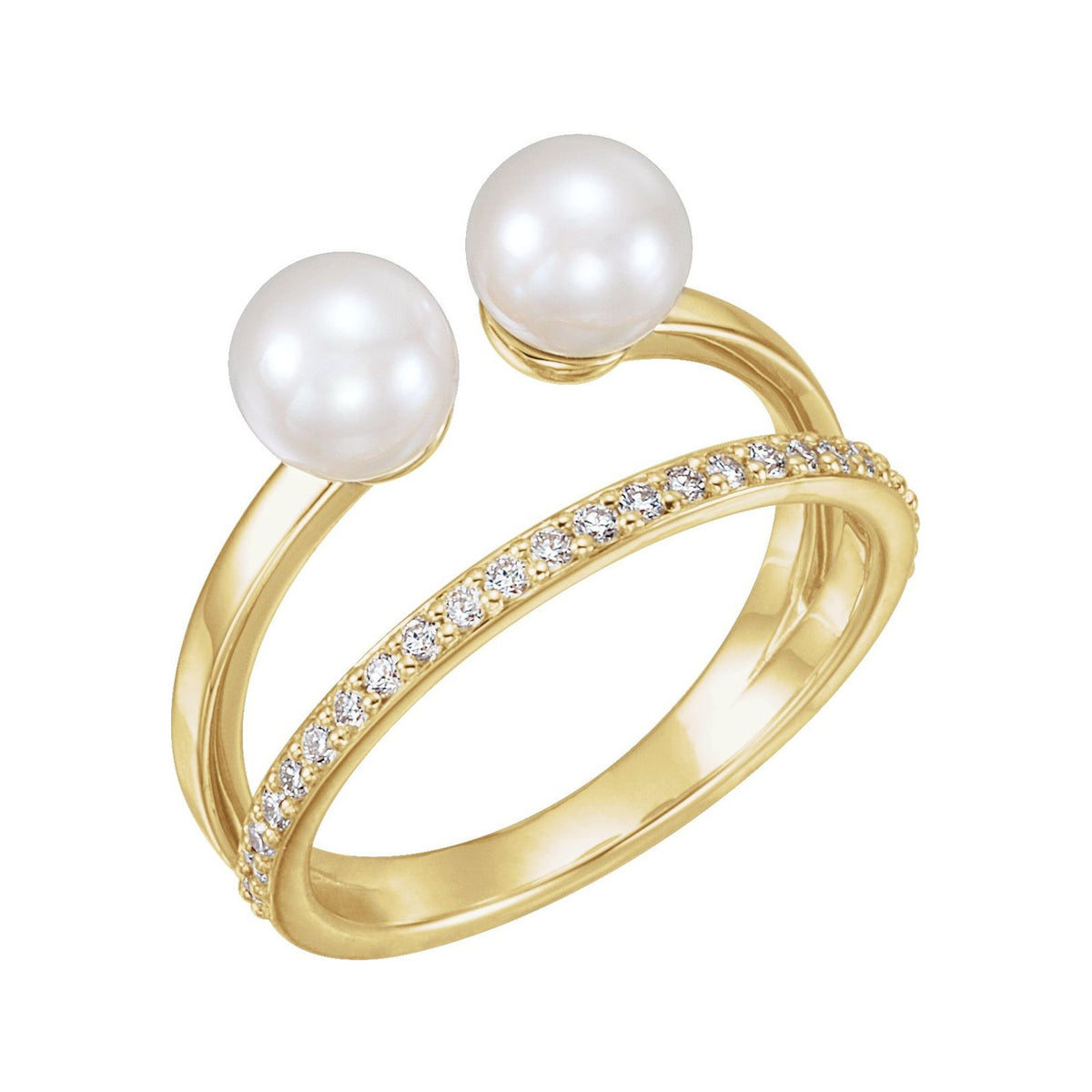 14K Yellow Gold Toi et Moi Pearl Ring with two cultured freshwater pearls, natural diamond accents