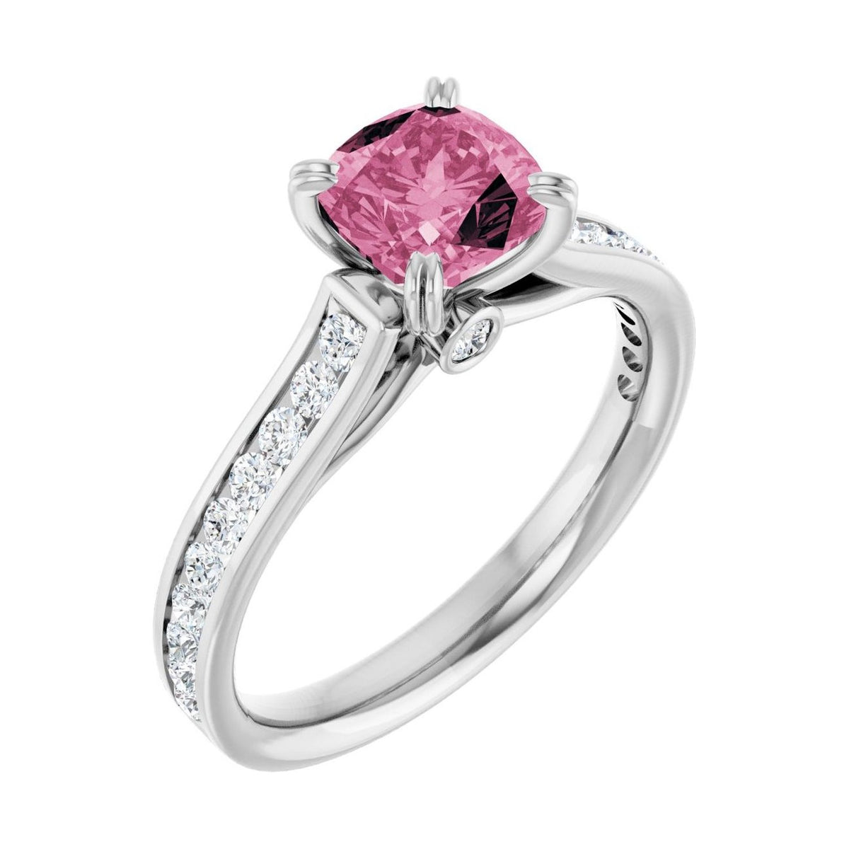 Cushion 1 ct tourmaline 14K White Gold cathedral pavé engagement ring