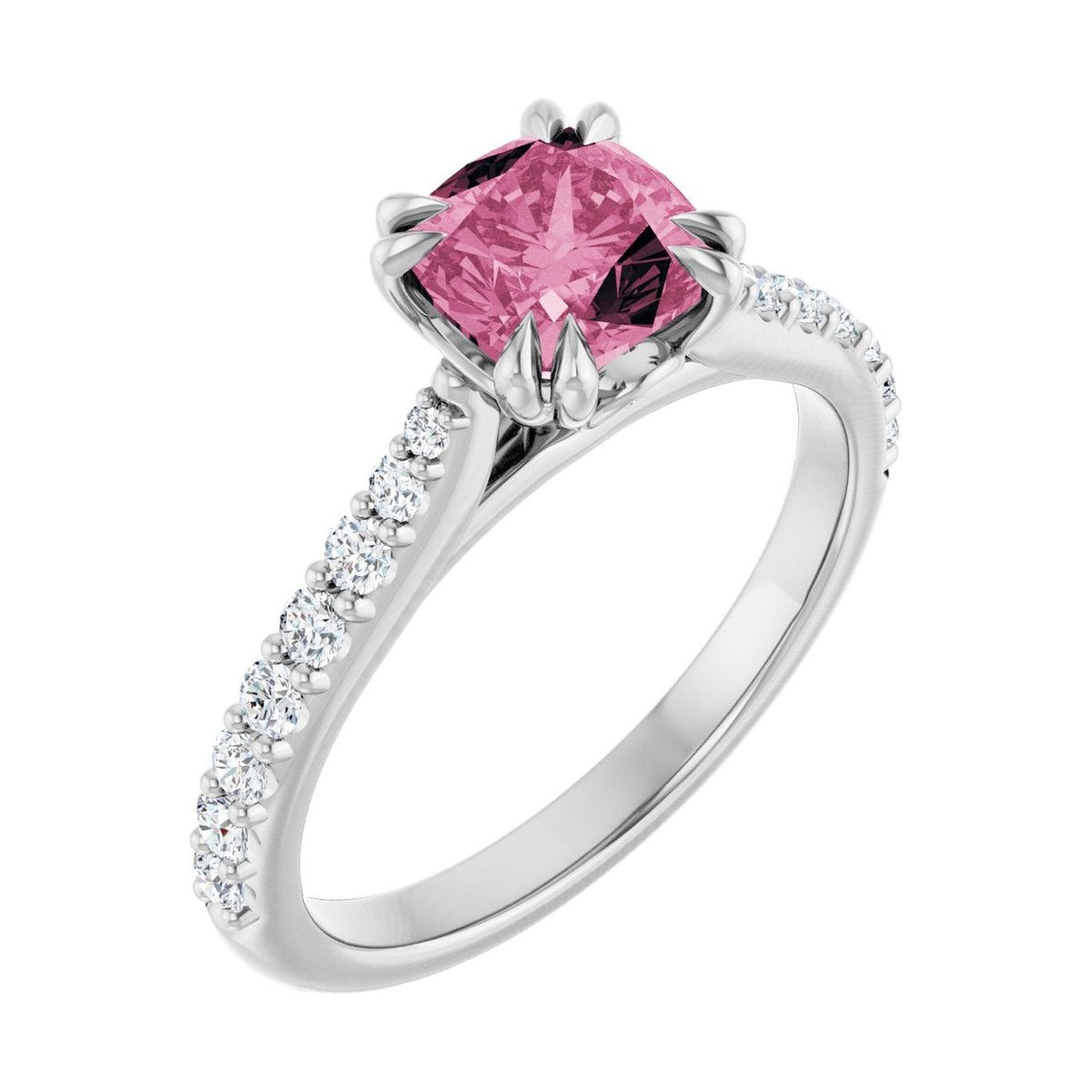 Cushion 1 ct tourmaline 14K White Gold double claw-prong solitaire engagement ring