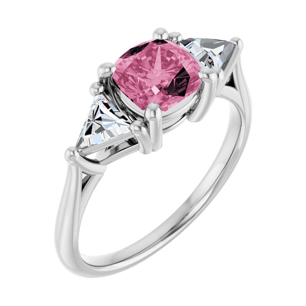 Cushion 1 ct tourmaline 14K White Gold trillion three-stone engagement ring