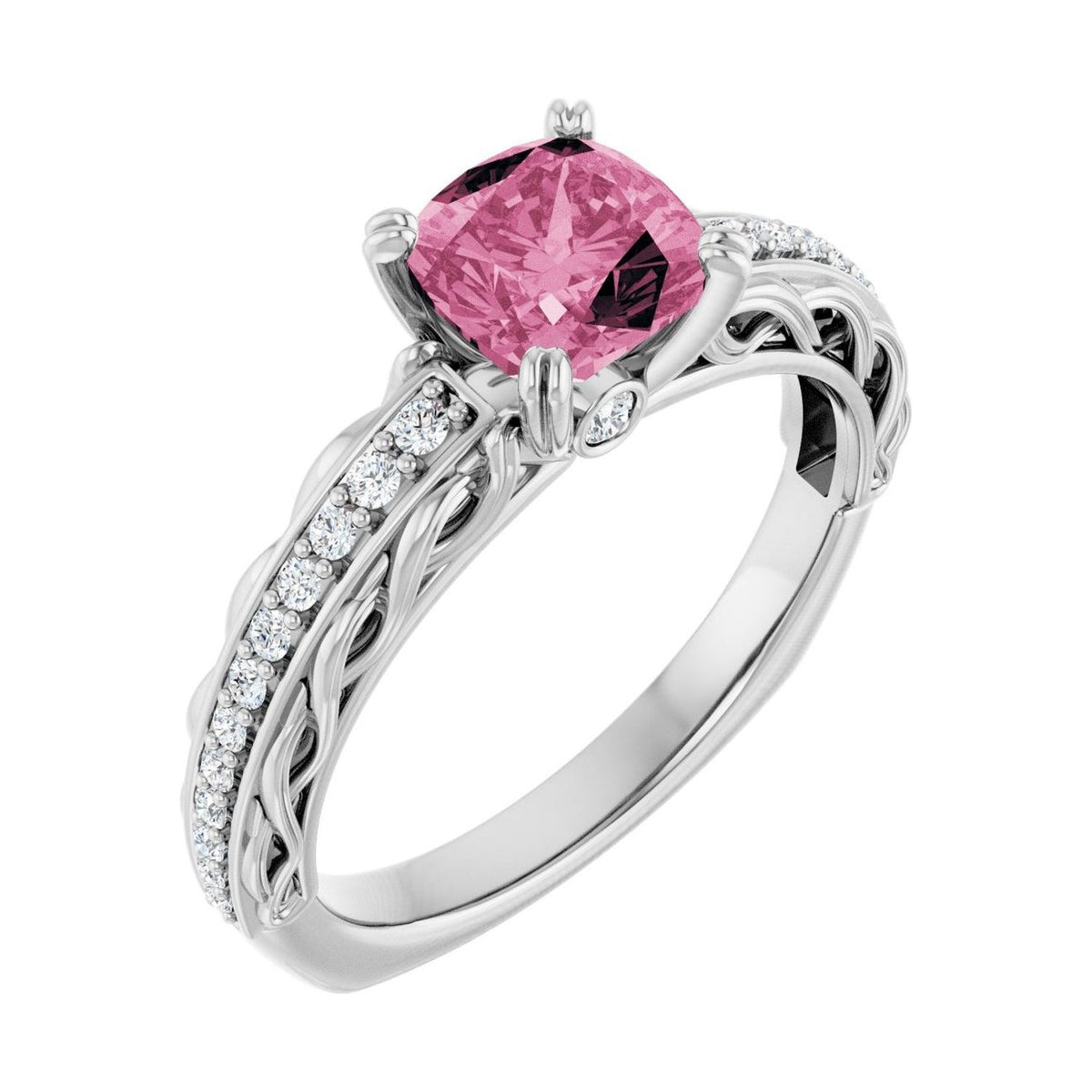 Cushion 1 ct tourmaline 14K White Gold twisted vine solitaire engagement ring