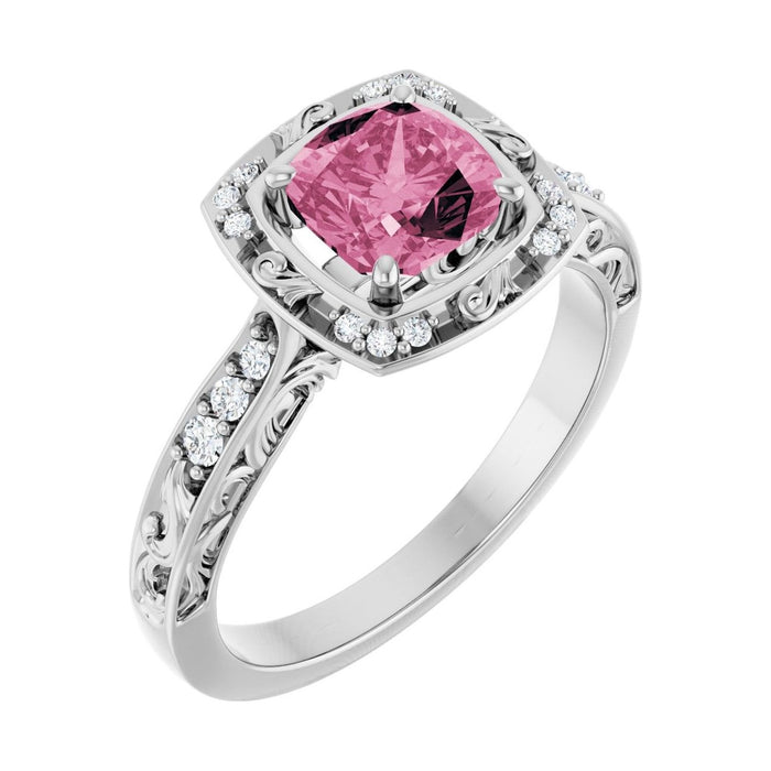 Cushion 1 ct tourmaline 14K White Gold vintage scroll halo engagement ring