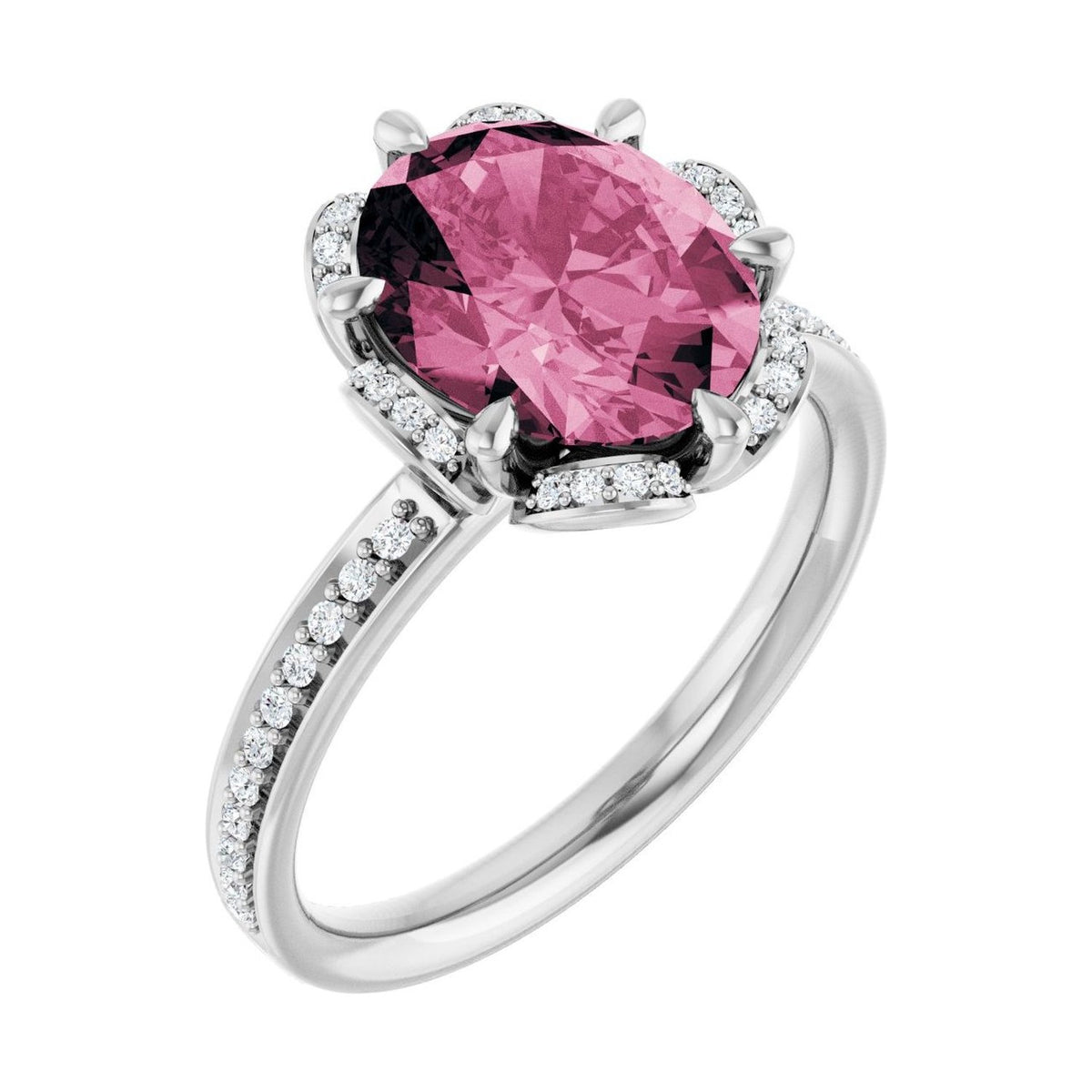 Oval 1.5 ct tourmaline 14K White Gold petite pavé halo engagement ring