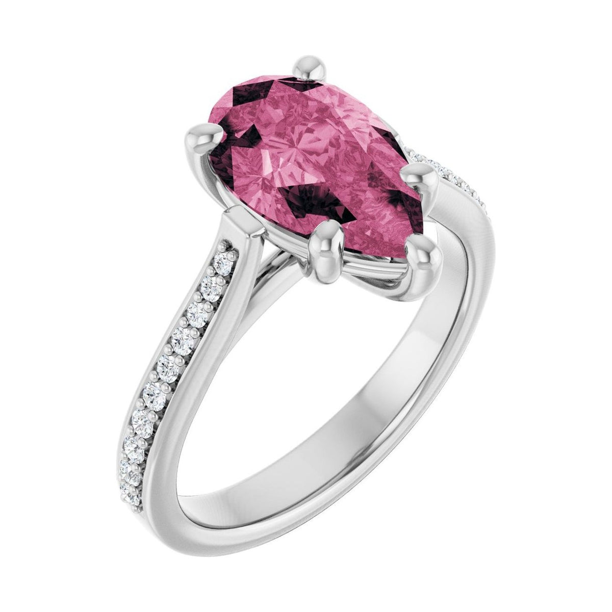 Pear 1 ct tourmaline 14K White Gold french pavé solitaire engagement ring