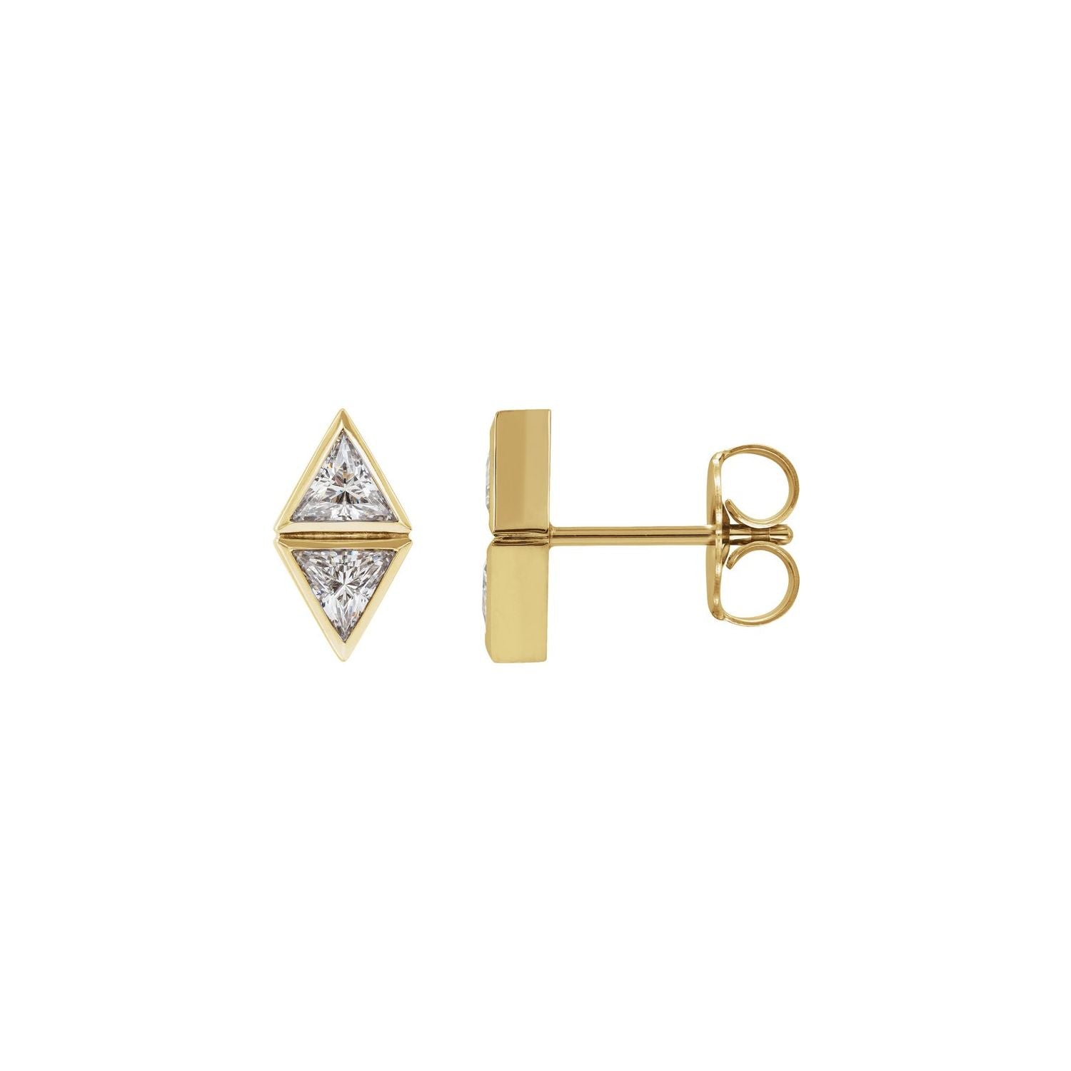 14K Yellow Gold 1/6 ct trillion-cut two-stone bezel-set diamond earrings, 7.42 mm