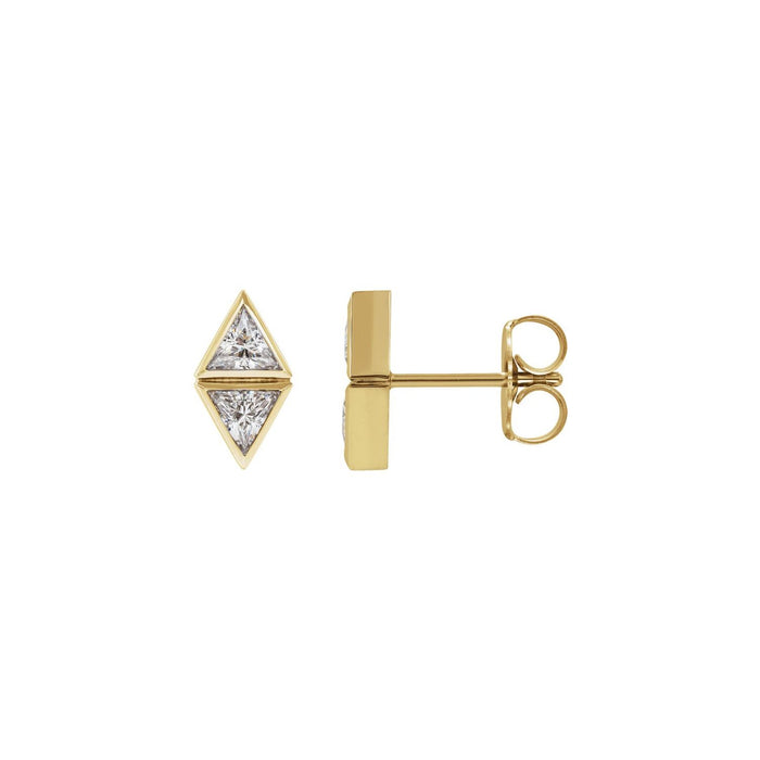 14K Yellow Gold 1/6 ct trillion-cut two-stone bezel-set diamond earrings, 7.42 mm