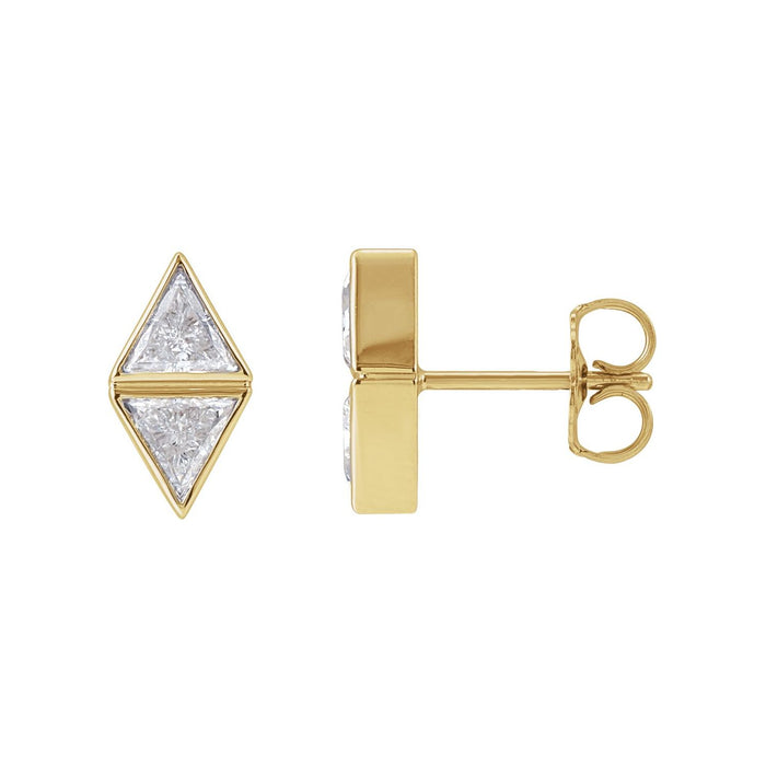 14K Yellow Gold 5/8 ct trillion-cut two-stone bezel-set diamond earrings, 10.95 mm