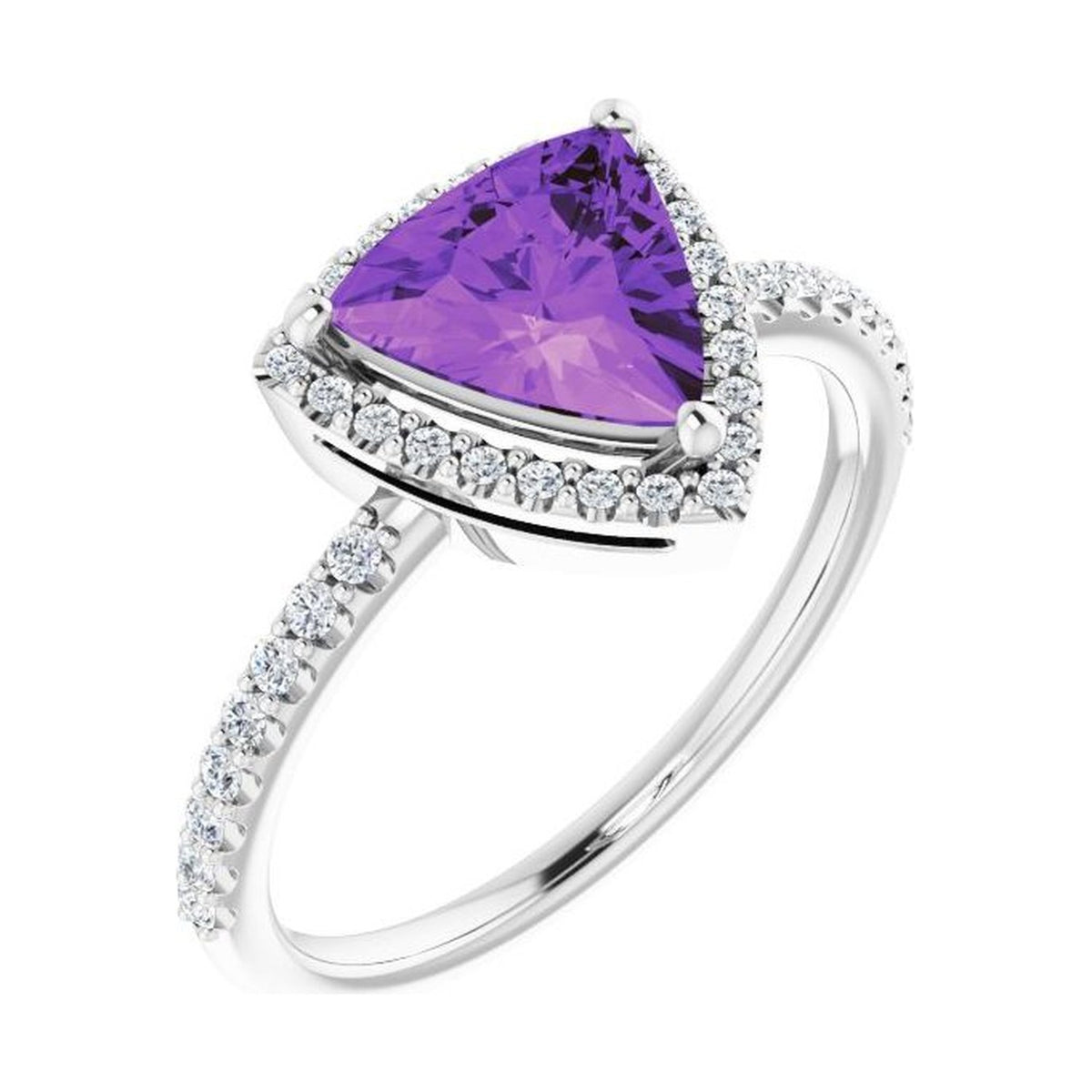 trillion halo-style birthstone ring amethyst white gold