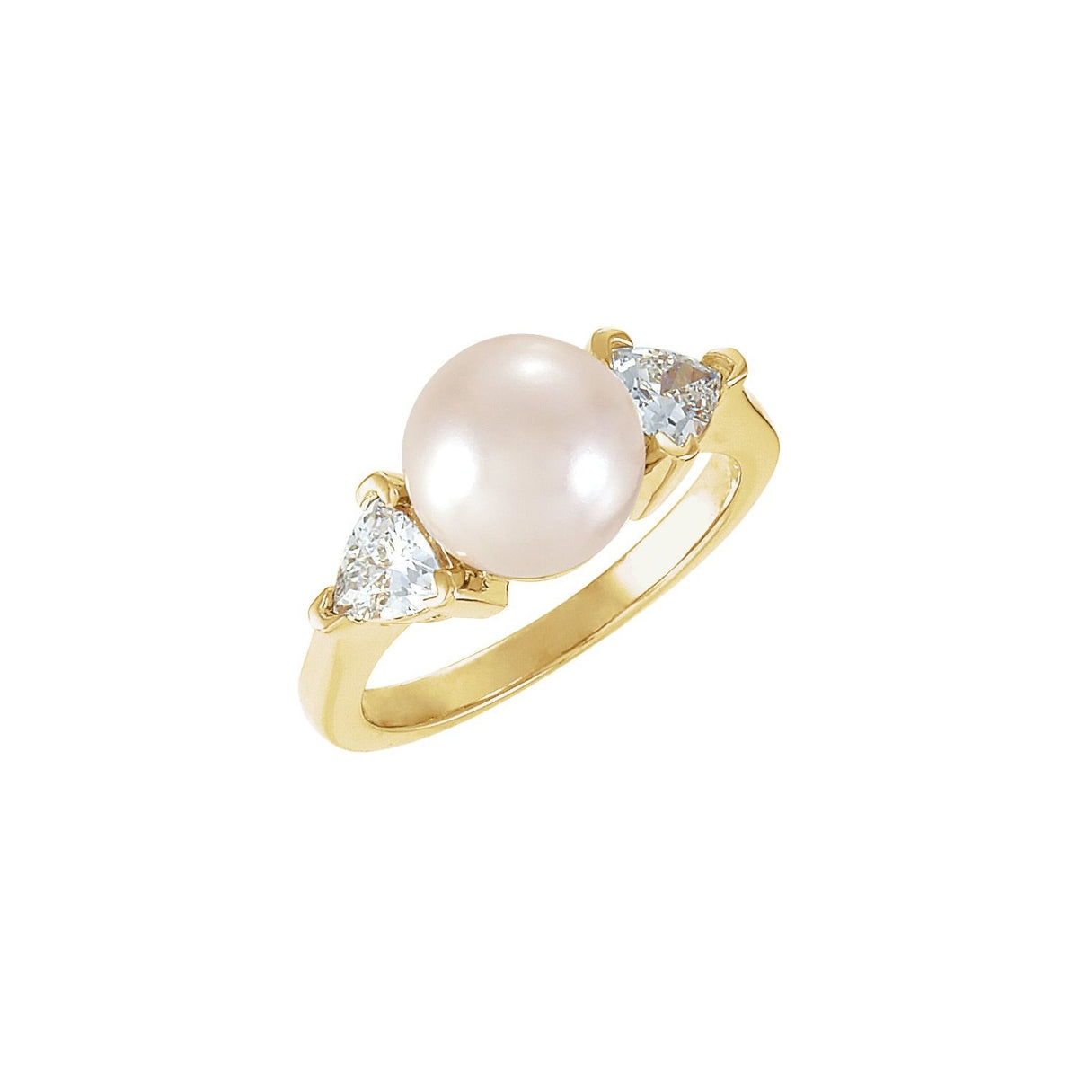 Trillion Three-Stone Akoya Pearl Engagement Ring (8mm pearl) in 14K Yellow Gold