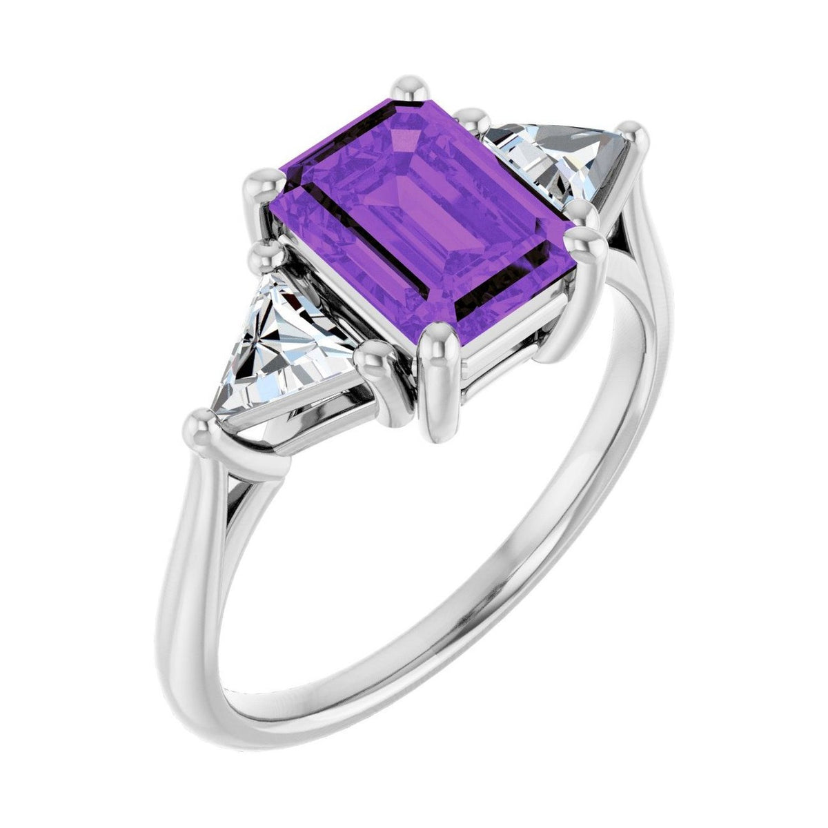 Emerald 1 ct Trillion Three-Stone Natural Amethyst Engagement Ring in 14K White Gold