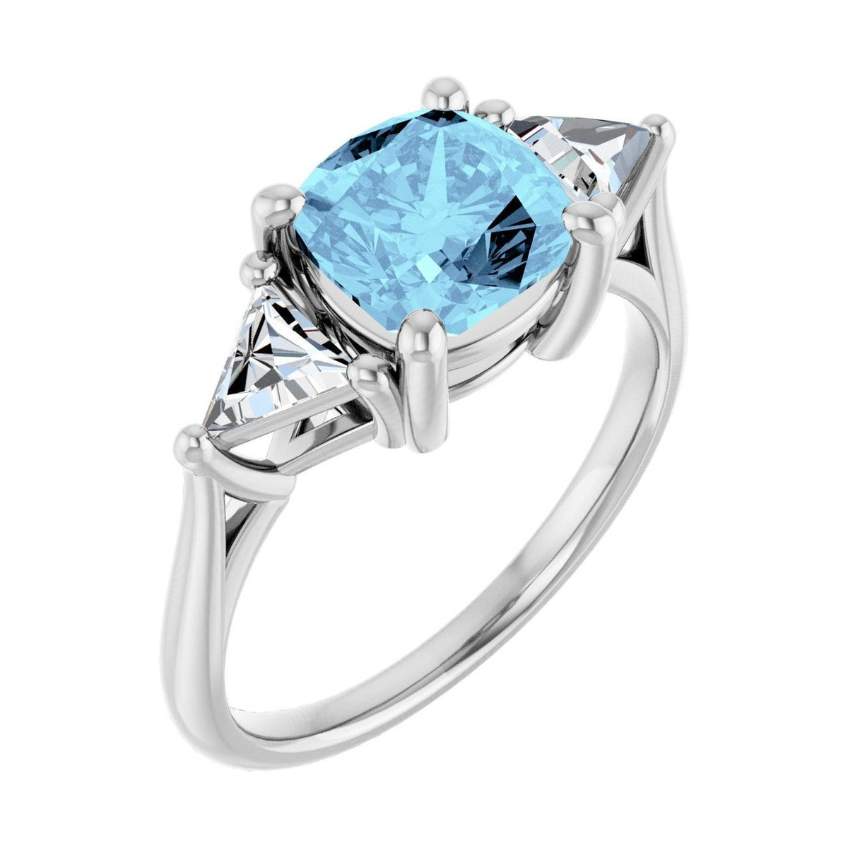 Cushion 1 ct Trillion Three-Stone Natural Aquamarine Engagement Ring in 14K White Gold