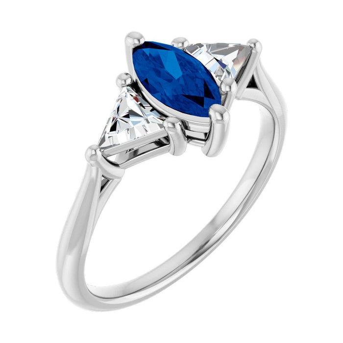 Marquise 1 ct Trillion Three-Stone Natural Blue Sapphire Engagement Ring in 14K White Gold