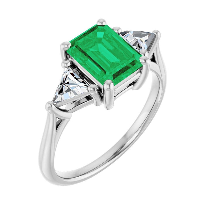 Emerald 1 ct Trillion Three-Stone Natural Emerald Engagement Ring in 14K White Gold