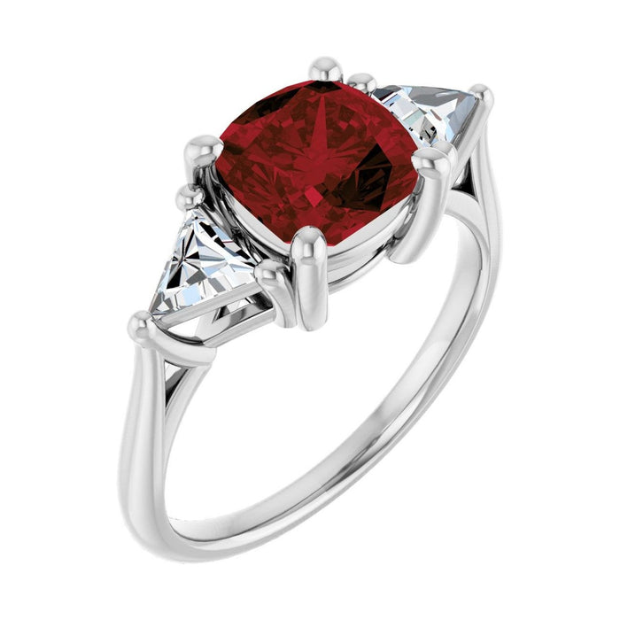 Cushion 1.5 ct Trillion Three-Stone Natural Garnet Engagement Ring in 14K White Gold