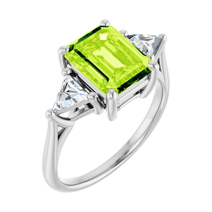 Emerald 2 ct Trillion Three-Stone Natural Peridot Engagement Ring in 14K White Gold