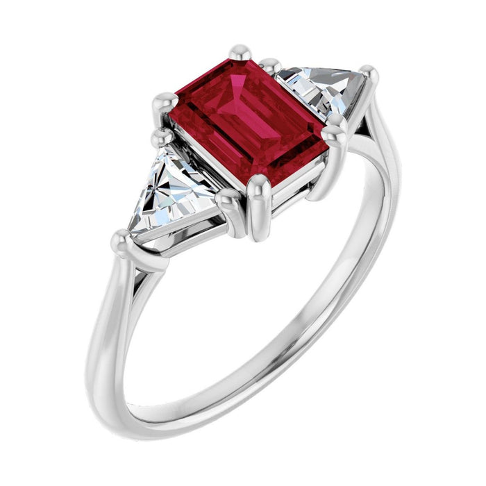 Emerald 1 ct Trillion Three-Stone Natural Ruby Engagement Ring in 14K White Gold