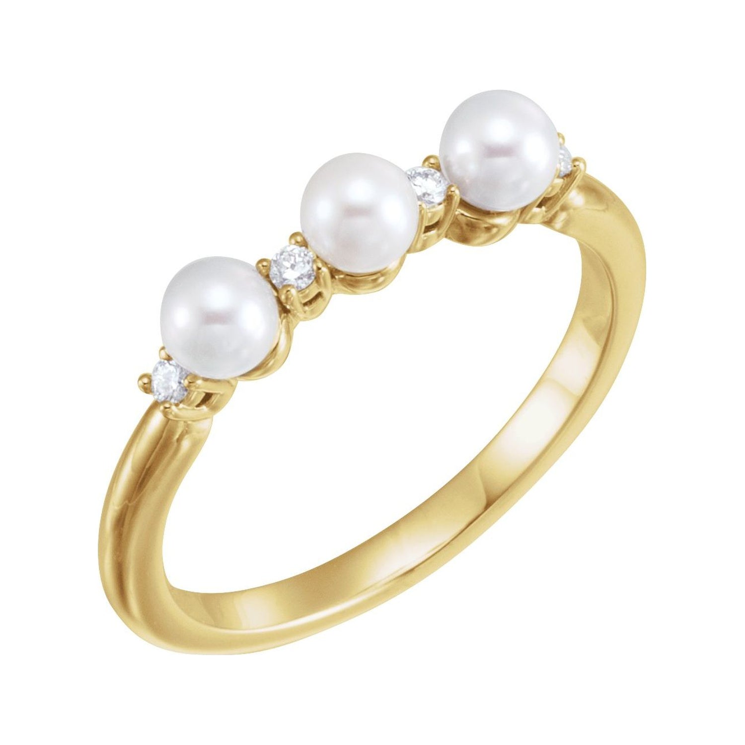 14K Yellow Gold Trilogy Pearl Ring with three cultured freshwater pearls, natural diamond accents