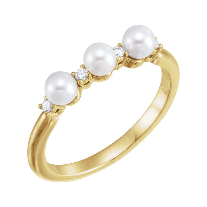 14K Yellow Gold Trilogy Pearl Ring with three cultured freshwater pearls, natural diamond accents