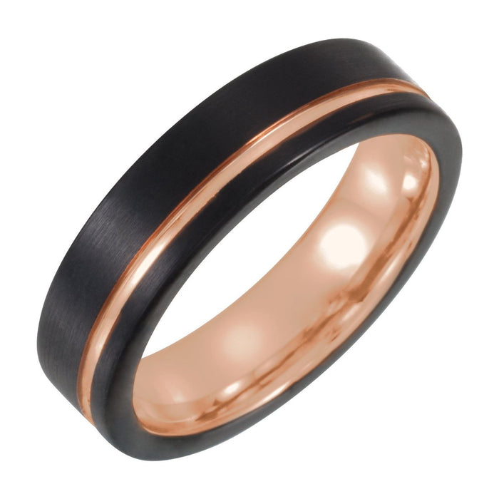 Black & 18K Rose Gold PVD Tungsten 6 mm Grooved Comfort-Fit Band — men's wedding band