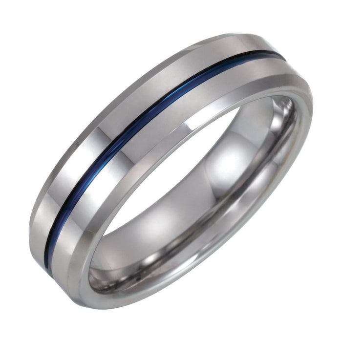 Tungsten & Blue Enamel Inlay 6 mm Grooved Comfort-Fit Flat Band — men's wedding band