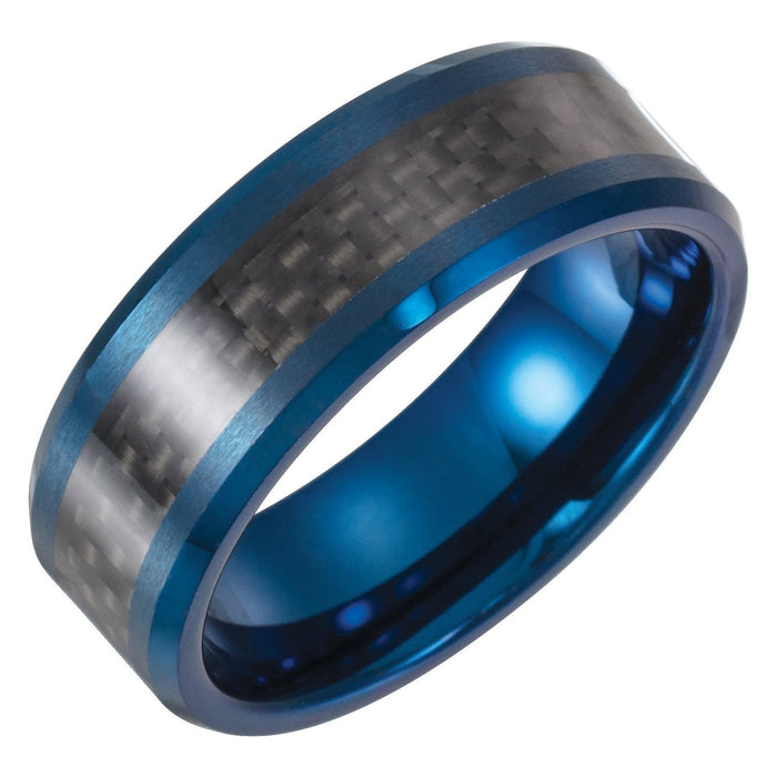 Blue Enameled Tungsten 8 mm Beveled-Edge Carbon Fiber Inlay Comfort-Fit Band — men's wedding band