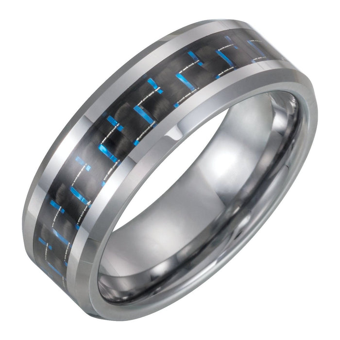 Tungsten 8 mm Beveled-Edge Carbon Fiber Inlay Comfort-Fit Band — men's wedding band
