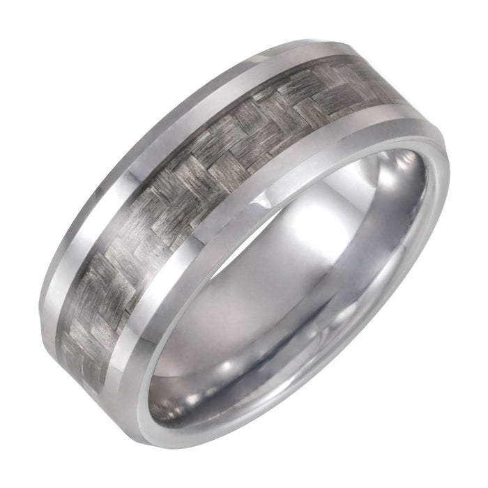 Tungsten 8 mm Beveled-Edge Carbon Fiber Inlay Comfort-Fit Band — men's wedding band