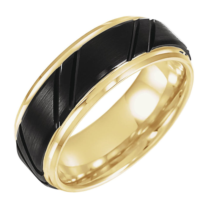 18K Yellow Gold-Plated & Black PVD Tungsten 8 mm Stepped-Edge Grooved Comfort-Fit Band — men's wedding band
