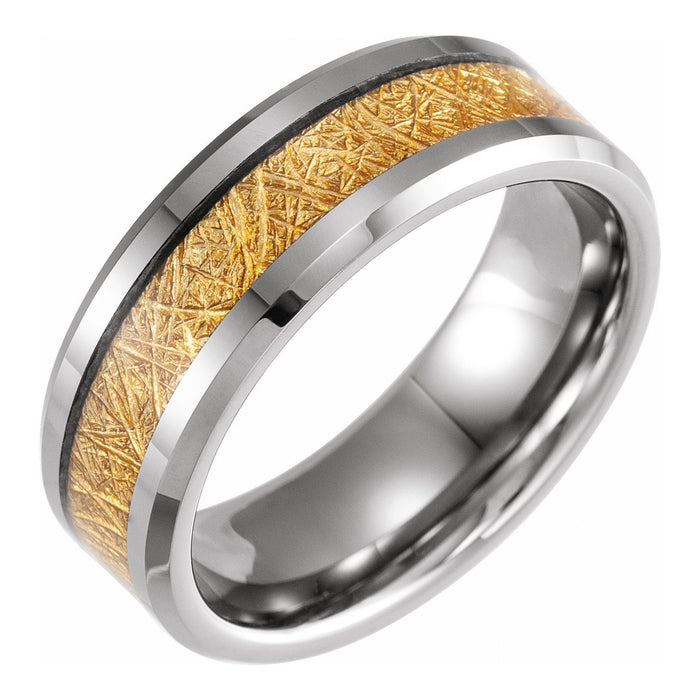 Tungsten 8 mm Beveled-Edge Imitation Gold Meteorite Inlay Comfort-Fit Flat Band — men's wedding band