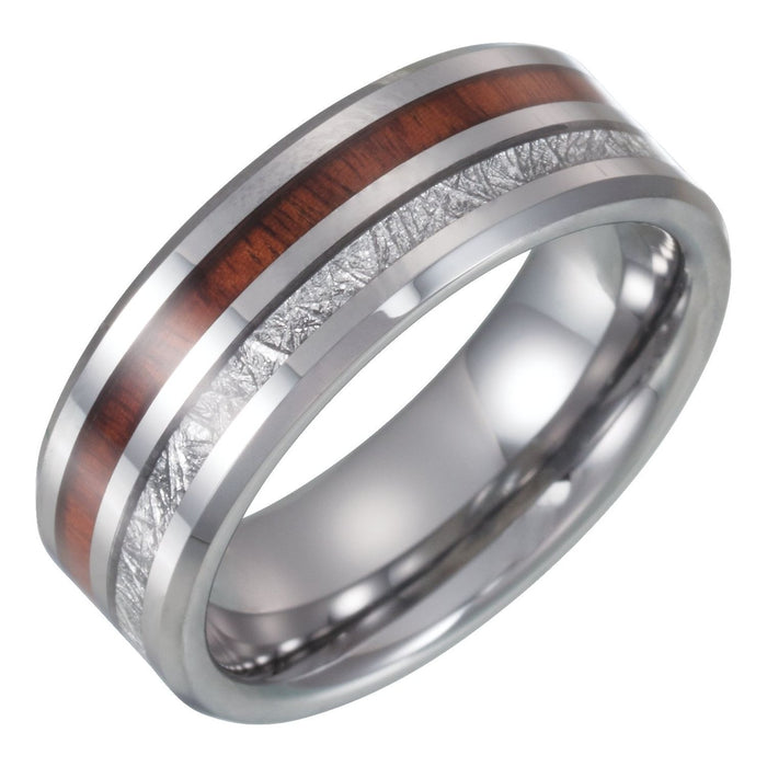 Tungsten 8 mm Imitation Meteorite & Acacia Wood Inlay Comfort-Fit Band — men's wedding band