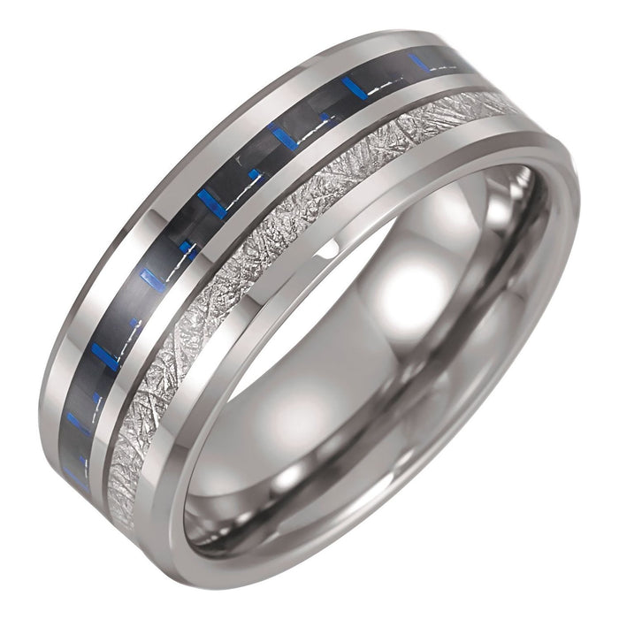 Tungsten 8 mm Beveled-Edge Imitation Meteorite & Carbon Fiber Inlay Comfort-Fit Band — men's wedding band