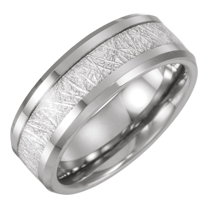Tungsten 8 mm Beveled-Edge Imitation Meteorite Inlay Comfort-Fit Band — men's wedding band