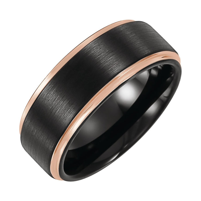 18K Rose Gold PVD & Black PVD Tungsten 8 mm Stepped-Edge Comfort-Fit Flat Band — men's wedding band