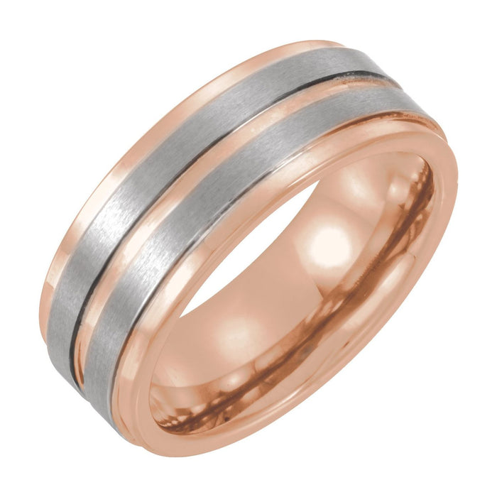 18K Rose Gold PVD Tungsten 8 mm Grooved Comfort-Fit Band — men's wedding band